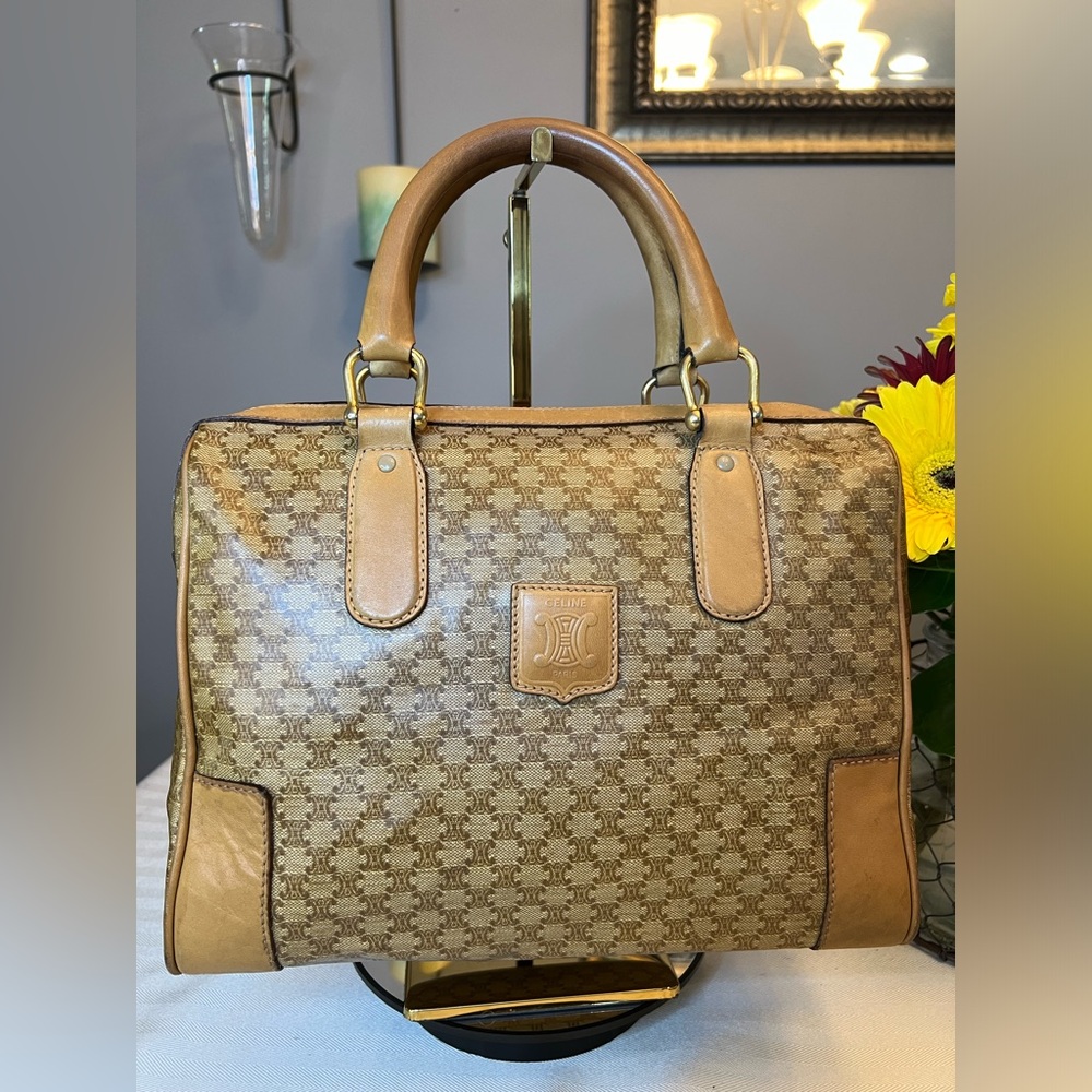 CELINE Triomphe Boston Bag Coated Canvas and Leather Satchel